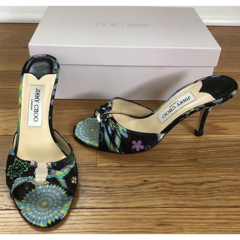 Jimmy Choo Missy Mules Sandal Heels Green Black Floral Geometric VTG Y2K 37.5